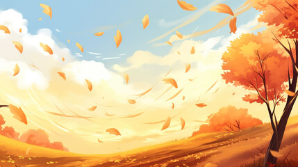 Naklejka na ściany i meble a lot of leaves flying around in autumn, anime manga wallpaper, ai generated image