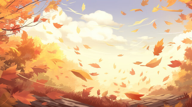 wind is blowing with falling leaves, autumn anime wallpaper, ai generated image