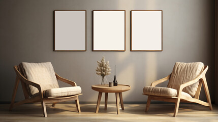 Generative AI, Poster frame mockup in beige and brown living room interior, wabi sabi minimalism style	