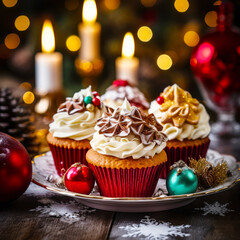 Christmas cupcakes with decoration on wooden table, xmas decorations background. Selective focus. Ai generative.