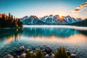 Impressive summer sunrise on lake with mountain range - AI Generative