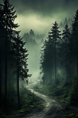 Obraz premium Foggy landscape with tir forest Background