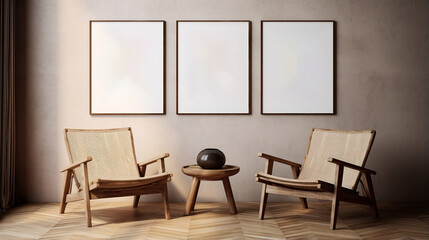 Generative AI, Poster frame mockup in beige and brown living room interior, wabi sabi minimalism style	