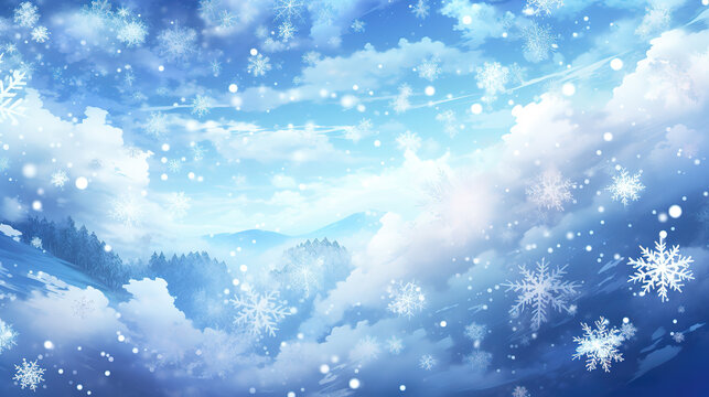 a beautiful happy inspired anime wallpaper, snowflakes flying around, ai generated image