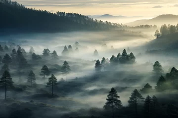 Papier Peint photo Autocollant Forêt dans le brouillard Foggy landscape with tir forest Background