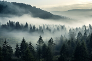 Foggy landscape with tir forest Background - obrazy, fototapety, plakaty