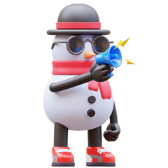 3D Snowman Character Holding Megaphone For Marketing