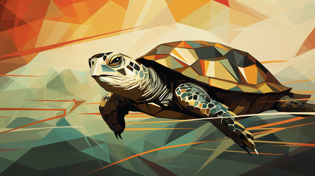 creative modern artwork of a swimming turtle, abstract banner design, ai generated image
