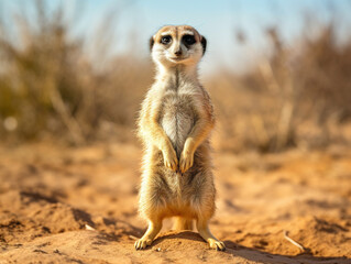 Naklejka na ściany i meble A curious meerkat stands upright, looking around with an alert expression in its eyes.