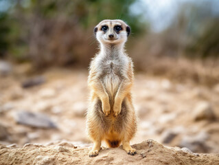A curious meerkat stands upright, looking around inquisitively, in its natural habitat.