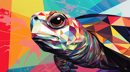 close up turtle face artwork, modern geometrical polygonal design, ai generated image