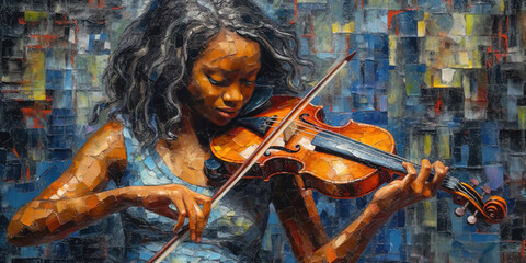 A Women Musician Playing with Exquisite Care Violin Painting Abstract Art Background