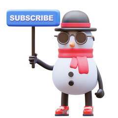 3D Snowman Character Holding Subscribe Sign