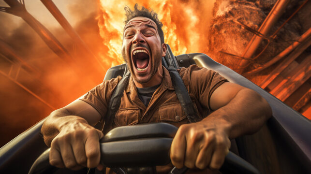 A guy full of adrenaline riding the roller coaster with a lot of emotion Generative AI Illustration