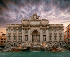 Trevi Fountain (Fontana di Trevi) in Rome, Italy. Trevi is the most famous fountain in Rome. Architecture and landmarks of Rome, postcard of Rome.