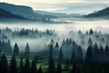 Foggy landscape with tir forest Background - obrazy, fototapety, plakaty