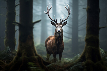 Deer in a foggy tir forest, mystic background