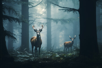 Deer in a foggy tir forest, mystic background - obrazy, fototapety, plakaty