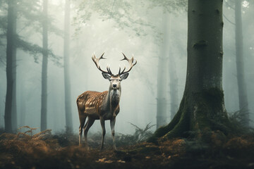 Deer in a foggy tir forest, mystic background - obrazy, fototapety, plakaty