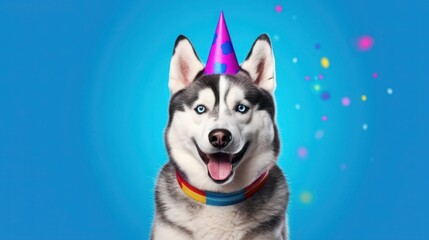Funny husky dog in birthday cap