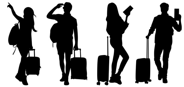 silhouettes of travelling people with suitcase vector illustration