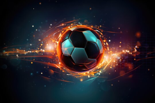 Soccer ball with glowing particles on abstract background.  illustration