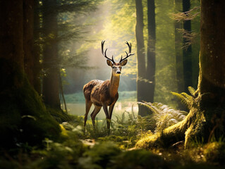 A peaceful deer stands in a tranquil forest clearing, captured in a vintage style photograph.