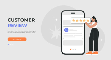 Landing page of customer review concept. Girl consumer with five yellow stars giving satisfaction rating in mobile app. Hand drawn vector illustration isolated on light background, flat cartoon style