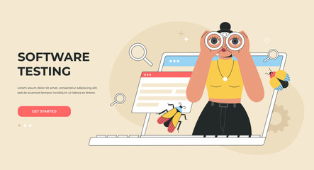 Software testing concept. Application development, coding and bugs searching. Digital analysis. Landing page template. Color vector illustration isolated on light background, modern flat cartoon style