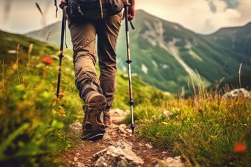 Hiking in the Carpathian mountains. Trekking - obrazy, fototapety, plakaty