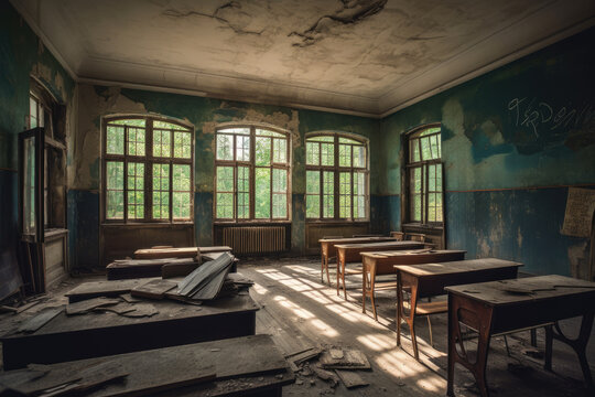 Interior of an old abandoned school building, destroyed by time.