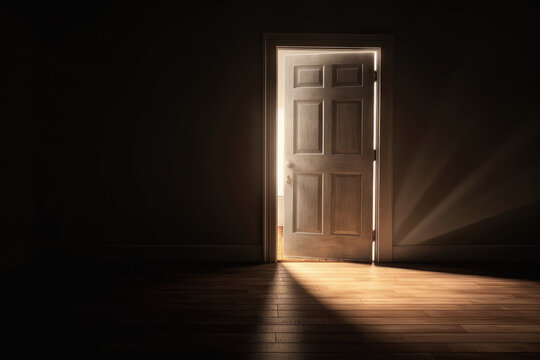 Wooden door in dark room with light coming through it.