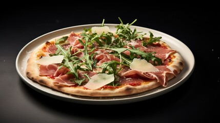  a pizza with meat, cheese, and greens on a plate.  generative ai