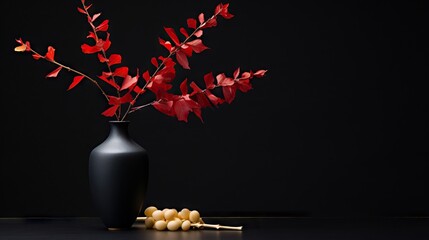  a black vase filled with red flowers next to a black wall.  generative ai