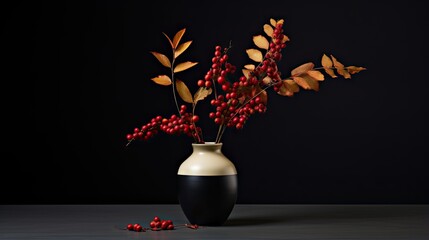  a black and white vase with some red berries in it.  generative ai
