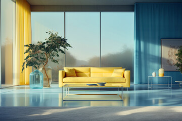 Beautiful interior living room blue yellow curtain yellow sofa huge window luxury house