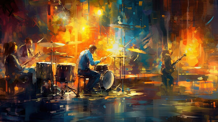 Musicians in a Bar Drums Bass Dancers Oil Panting Abstract Art Background - obrazy, fototapety, plakaty