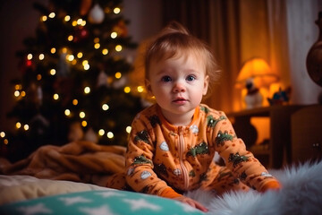 baby boy in pajamas next to the Christmas tree