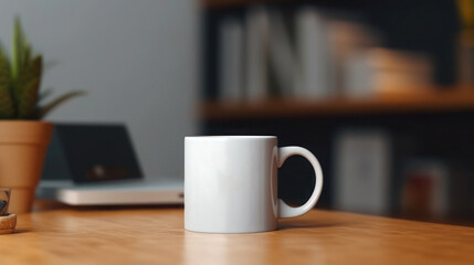 Blank White coffee mug mock-up on the desk with Potted plants. Modern bright interior blurred background. Generative AI