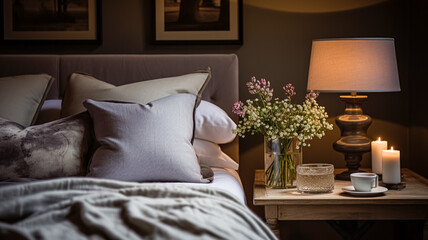 Modern cottage evening bedroom decor, interior design and home decor, bed with elegant bed linen bedding and lamp in English country house, holiday rental and cottage style