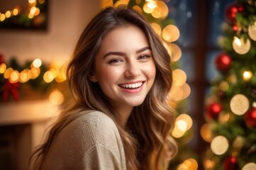 Fototapeta premium Close up portrait of overjoyed young Caucasian woman have fun laugh and joke enjoying Christmas winter holidays at home. Excited millennial female feel playful positive and joyful, celebrate New Year.