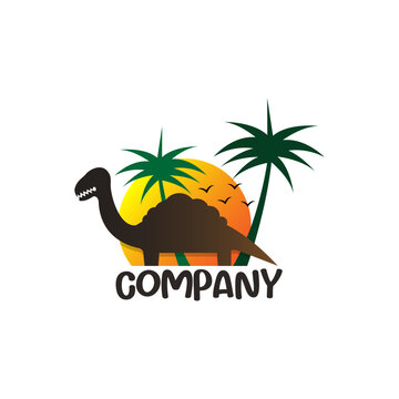 Dino World Logo Template. Dinosaur Park Island. Jurassic Period Retro Illustration. Lost World Insignia Concept. 
