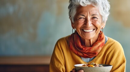 Smiling senior delighting in nourishing breakfast bowl. - obrazy, fototapety, plakaty