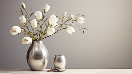  a silver vase with white flowers in it and a pair of silver vases.  generative ai