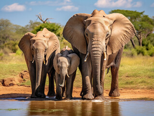 A panoramic view captures a group of majestic elephants gathered at a serene watering hole.