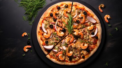  a pizza topped with shrimp, onions, and other toppings.  generative ai