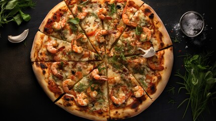  a pizza with shrimp and cheese on a black surface with a spoon.  generative ai