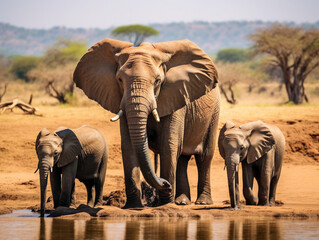 A beautiful image of a family of elephants gathered around a watering hole in the wild.