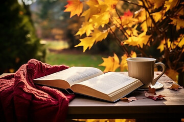 An open book, a warm blanket and a cup of hot coffee on a wooden table in a bright autumn garden. 