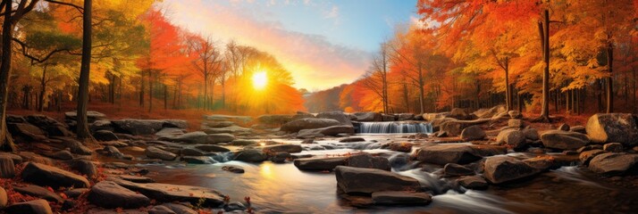 orange sky, waterfall, and colorful autumn leaves Generative AI
